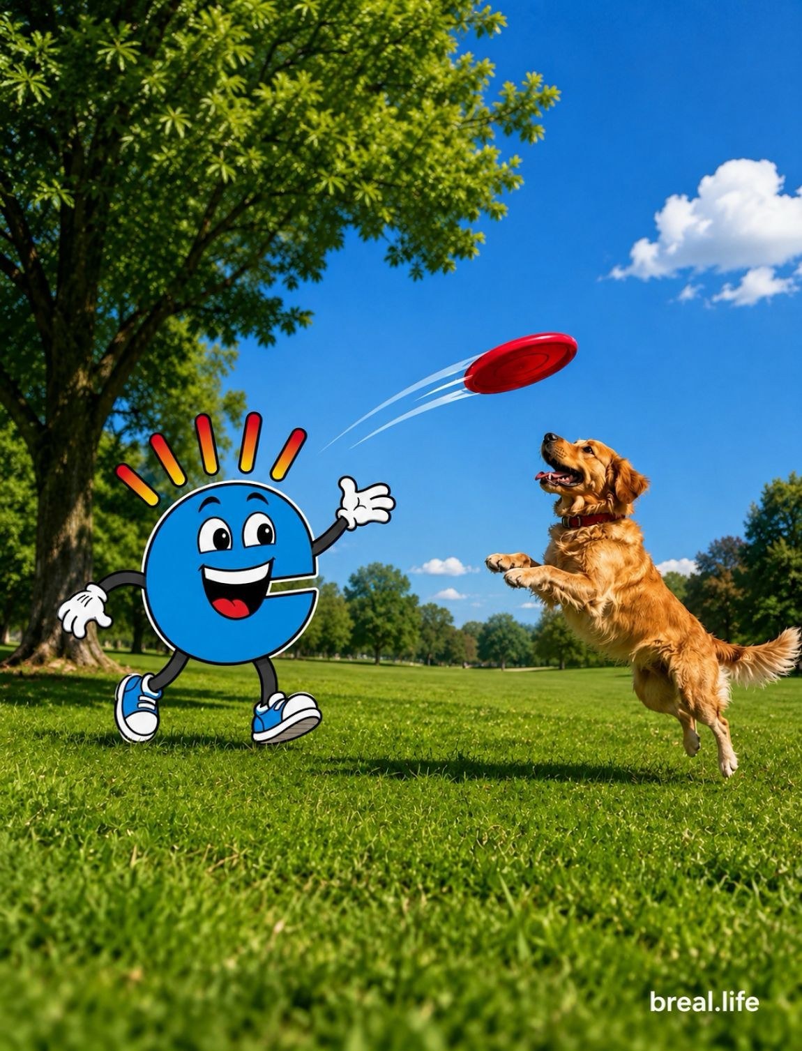 E-man tossing a frisbee to a golden retriever in a sunny park
